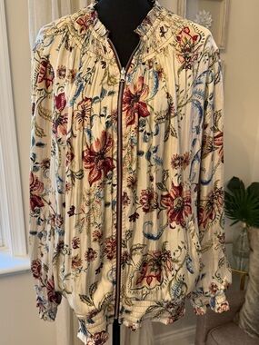 Chico's Cream Floral Bomber Jacket reversible